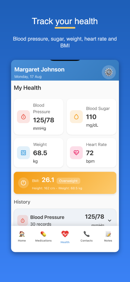 Log blood pressure, blood sugar and weight